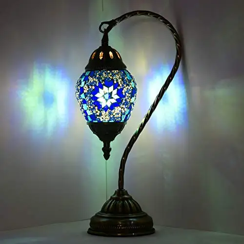 

LaModaHome Swan Neck English Table Lamp Mosaic Glass Desk Lamp Tiffany Style Bedside Egg Lamp Moroccan Lantern with Bronze Base