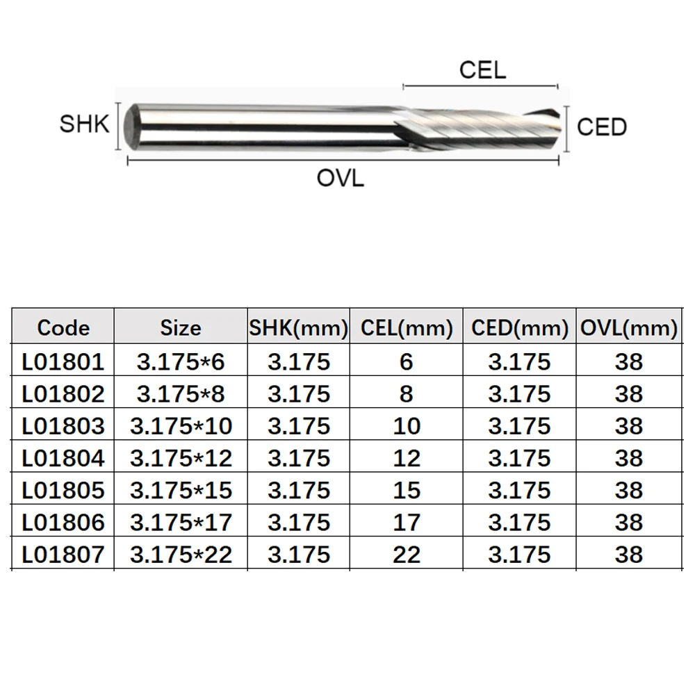 10pcs 3.175mm Shank 1 Flute Milling Cutter for Polishing Aluminum Tungsten CNC Engraving Tool End Mill Cutter for Aluminum