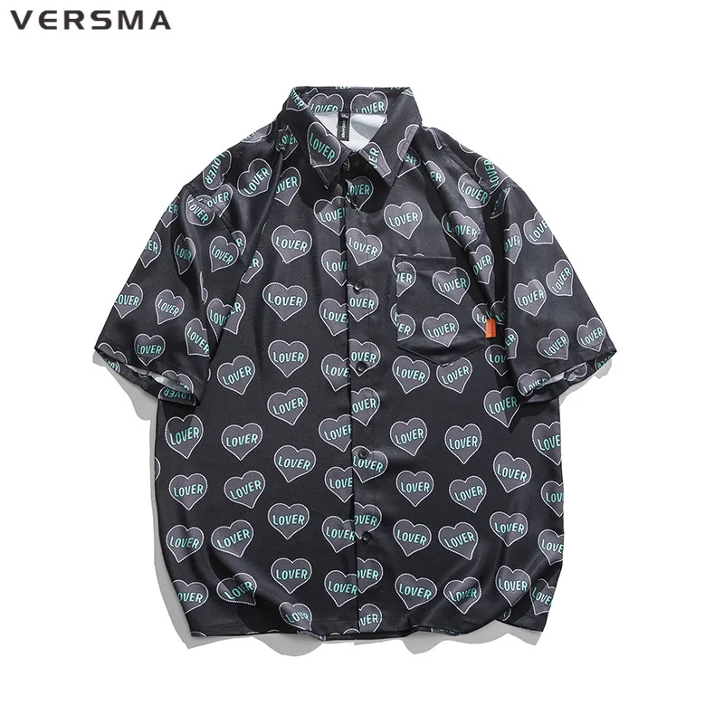 VERSMA Korean Harajuku Ulzzang Heart Printed Couple Shirt Men Women Blouse Summer Streetwear BF Hawaiian Shirt Men Dropshipping