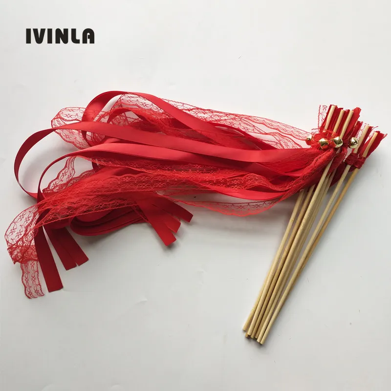 

Newest 50pcs/lot red lace wedding wands with bell for wedding decoration