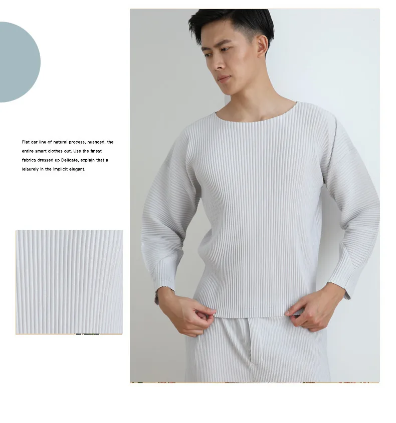 HOT SELLING Miyake fold  Style men`s fashion O-NECK  long sleeve soild T-SHIRT IN STOCK