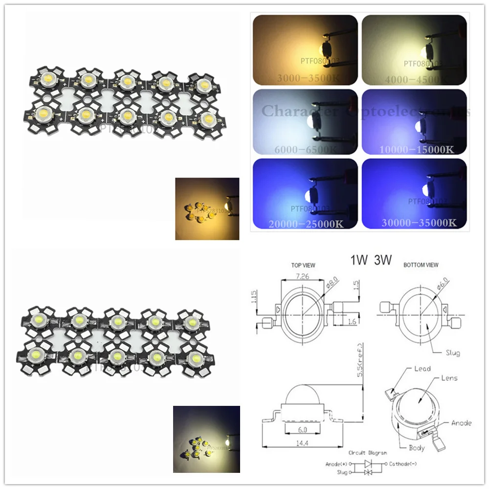 

High Power 1W 3W Cool / Warm White 3500K 6500K 10000K 20000K 30000K LED Bulb Chip Crystal Diodes Light With 20mm AL Star Base