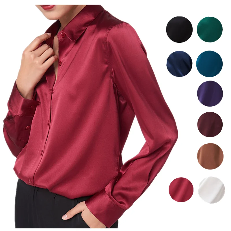 Birdsky, 1PC Women long sleeve shirts blouse shirt Top office lady stand collar 95% mulberry silk satin solid color. S-223