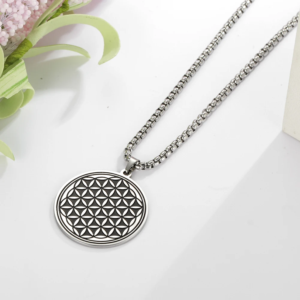 Skyrim Vintage Mandala Black Flower of Life Necklace for Men Women Stainless Steel Box Chain Necklaces Party Jewelry 2024 New