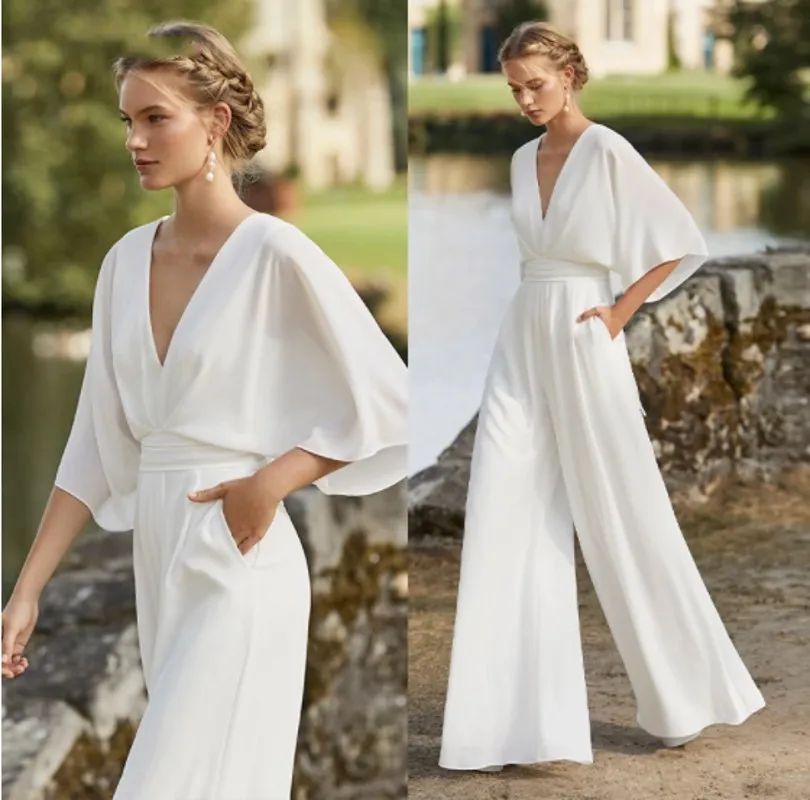 Simple Wedding Dresses Classic Boho Bridal Jumpsuit Receipt Gowns 2022 Hochzeit Women Beach Bride Pant Suit Vesdios Noiva