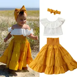 Toddler Kids Baby Girls Off Shoulder Ruffle Top Shirt Elastic Waist Dress Headband 3Pcs Solid Summer Outfit Set Clothes 2-7T