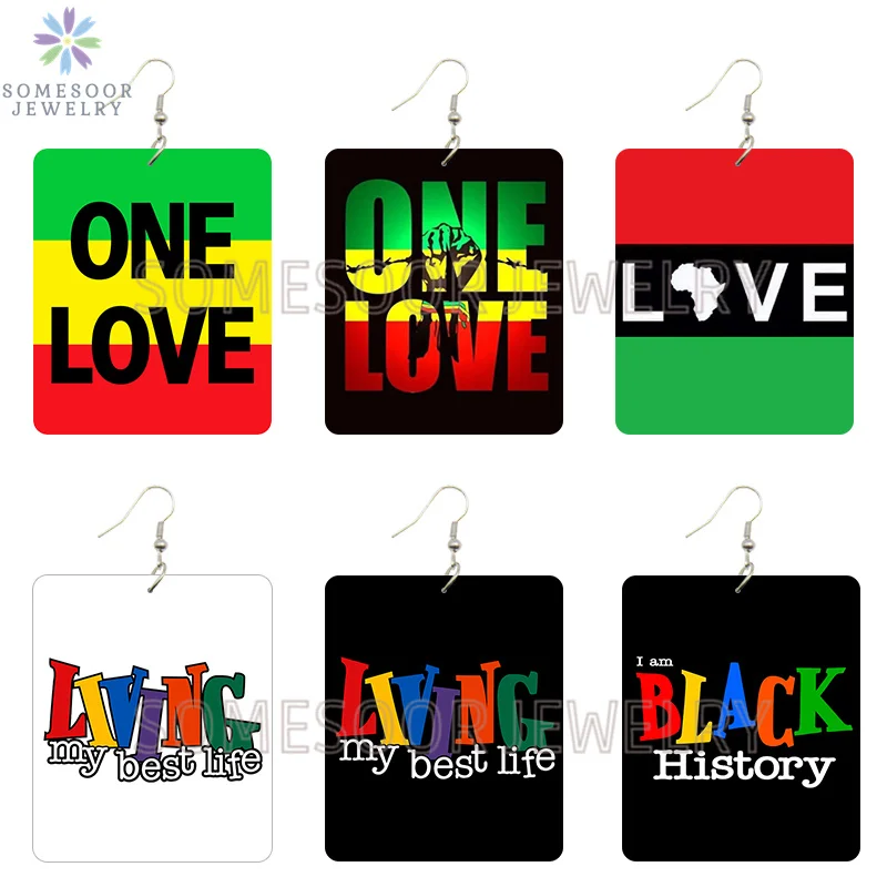 SOMESOOR Africa Colors One Love Rectangle Wooden Drop Earrings Black History Living Best Life Sayings Printed Dangle Women Gifts