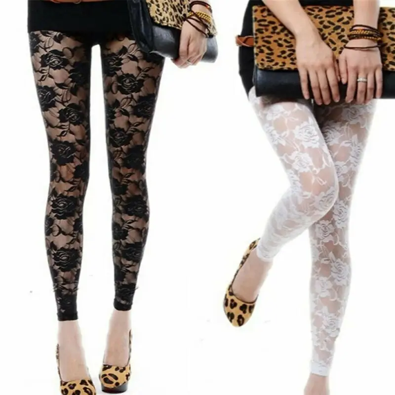 Mallas ajustadas con estampado Vintage de encaje negro para mujer, Leggings sexys de longitud completa, pantalones elásticos de cintura alta