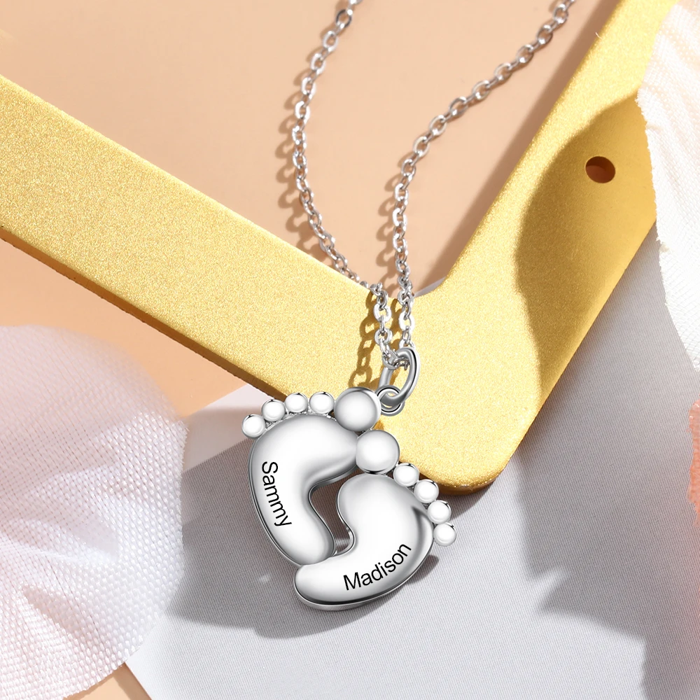 Personalized Baby Footprint Engraved Necklace with 2 Names Customized Kid Name Women Pendant Necklaces Jewelry Gifts for Mother