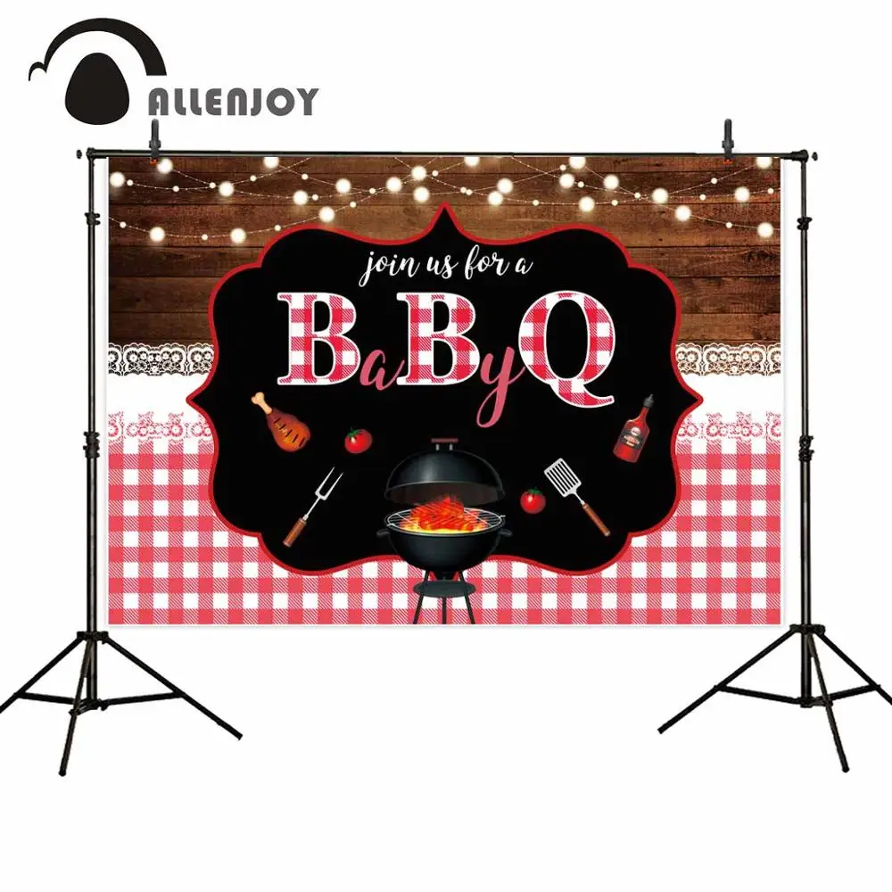 Allenjoy BBQ Backdrop Wood Light Red and White Grid Barbecue Party Celebrate Banner Photography Background Photophone Photocall