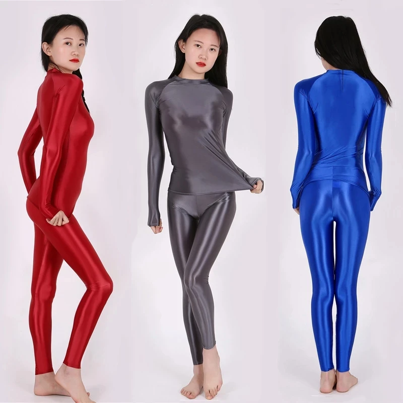 New Sexy Oily Yoga Pants workout clothes for women High elastic plus size gym clothing Set silk zipper bodysuit Shiny Pantyhose