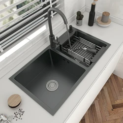 304 Stainless Steel Double Bowl Kitchen Sink With Faucet Topmount Or Undermount Basin Dark-Gray For Home Fixture Accessories