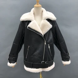 Women's Leather Jacket Winter Fashion Streetwear Real Sheepskin Jacket Warm Thick High Quality Sheep Shearling Leather Coat