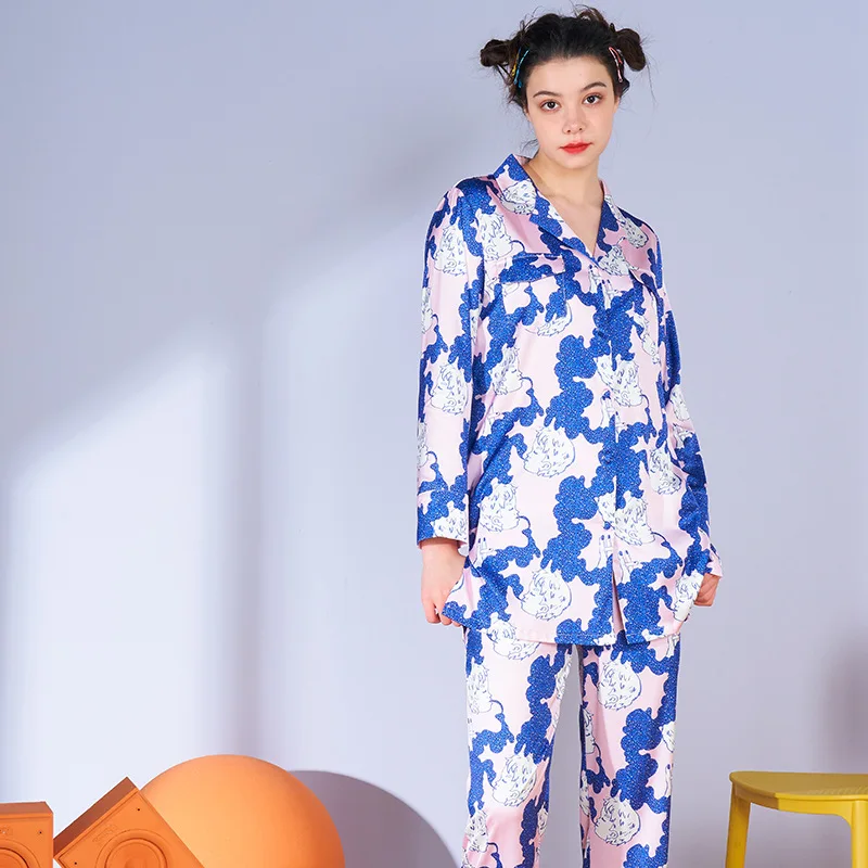 

Women's Spring Long Sleeve Cute Pajamas Viscose Printing Sleepwear Womens Luxury Sexy Clothes Satin Home Clothes Sleep Set