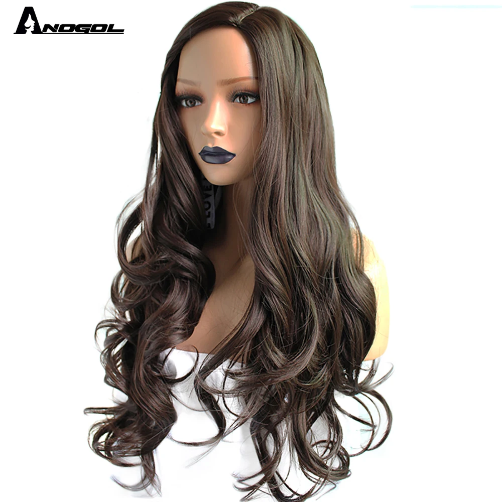 Anogol Dark Brown Synthetic Wig For Women High Temperature Fiber Perruque Deep Peruca Long Body Wave Full Hair Synthetic Wigs