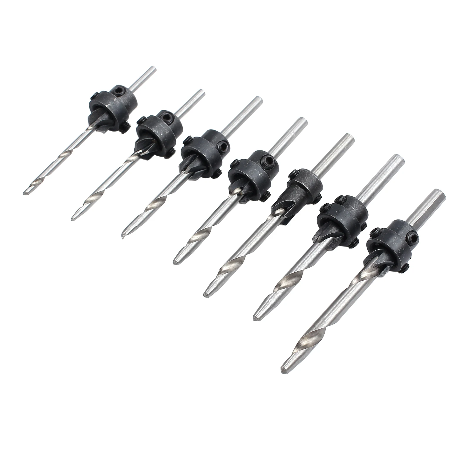 JUSTOOL 7Pcs Professional Countersink เจาะชุด Bit เจาะเรียวไม้สกรู Drills Stop Collar ไม้ Countersinks Drills