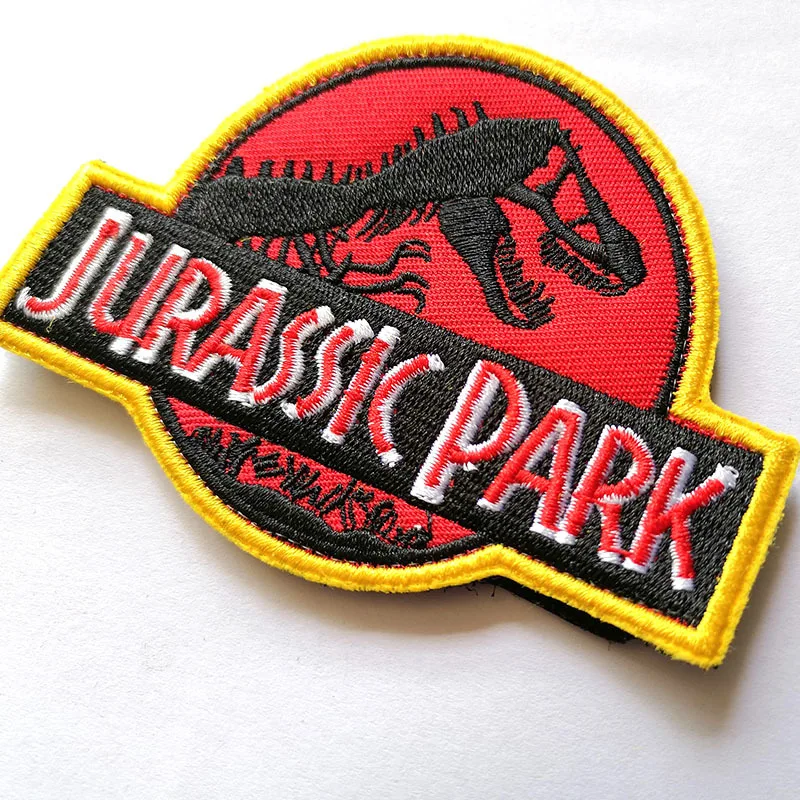 Red Color Jurassic Park Dinosaurs Embroidery Patches Custom Stripes Clothing Punk Stickers Hook&Loop Military Badges Appliques