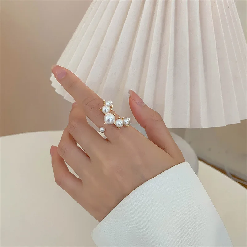 Fashion Big Geometric Pearl Paved Rings For Women 2021 New Jewelry Personality Statement Open Ring Adjustable Bijoux