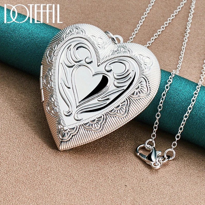 DOTEFFIL 925 Sterling Silver 16-30 Inch Chain Heart Shaped Photo Frame Pendant Necklace For Women Man Wedding Charm Jewelry