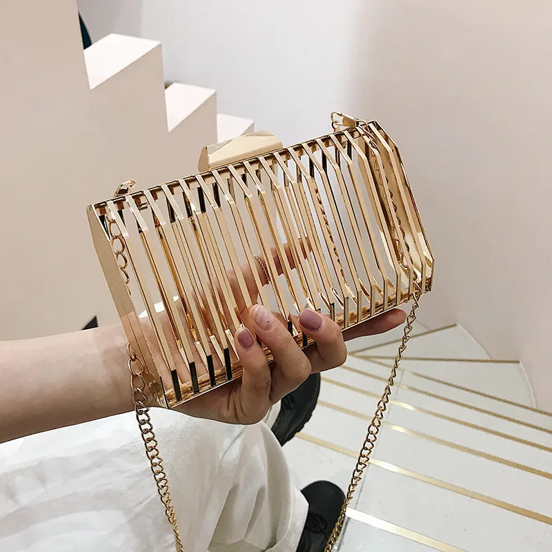 Unique Design Metal Hollow Fashion Women\'s Evening Clutch Bag Ladies Chain Shoulder Bag Crossbody Messenger Party Bag Frame