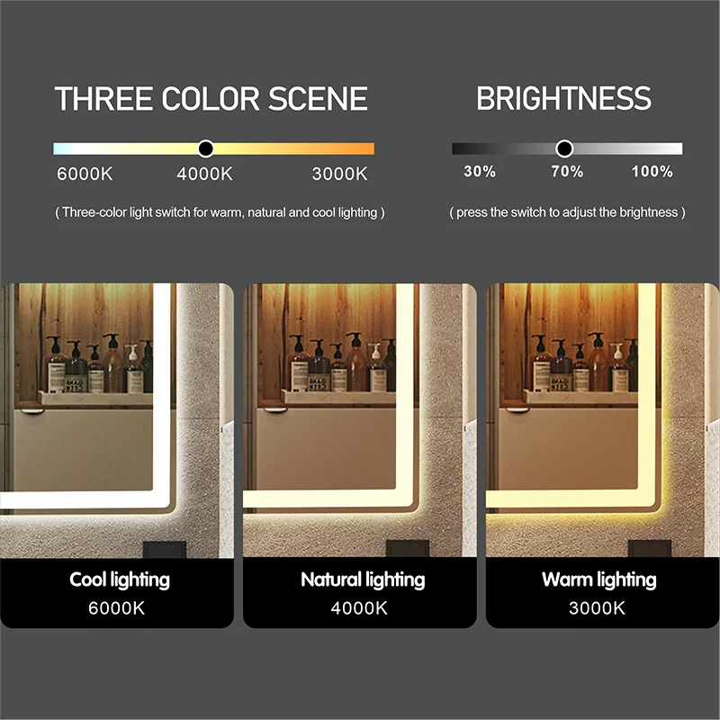 Smart Makeup LED Bathroom Mirror Wall Bathroom Vanity Mirror Hotel Toilet 3 Color light Anti-fog Mirror With Touch Screen
