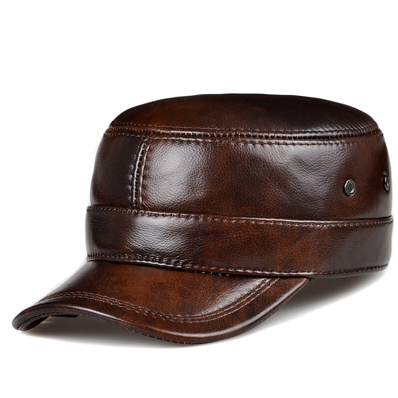 RY0108 Men Spring/Winter Genuine Leather Black/Brown Flat Baseball Caps Male 54-62 cm Customized Size Outdoor Snapback Golf Hat