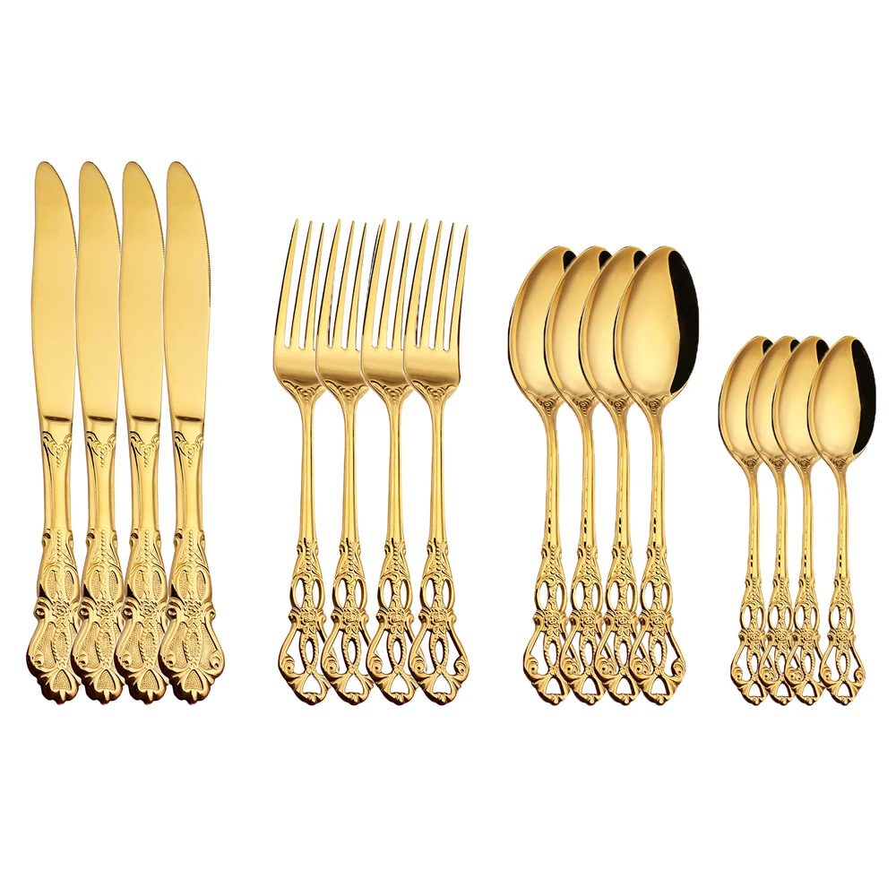 16pcs Royal Dinnerware Set Gold Cutlery Stainless Steel Spoon Cutlery Forks Knives Kitchen Spoon Western Dinner Tableware Gift