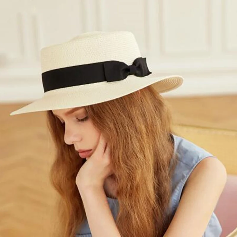 Summer Hats For Women Sun Hat Beach Ladies Fashion Flat Brom Bowknot Panama Lady Casual Sun Hats For Women Straw Hat