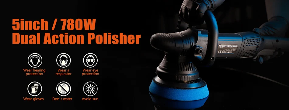 SPTA 5 Inch 780W Dual Action Car Polisher Auto Orbit 15mm Polishing Machine with Sponge Pads Accessories for Vehicle Buffing