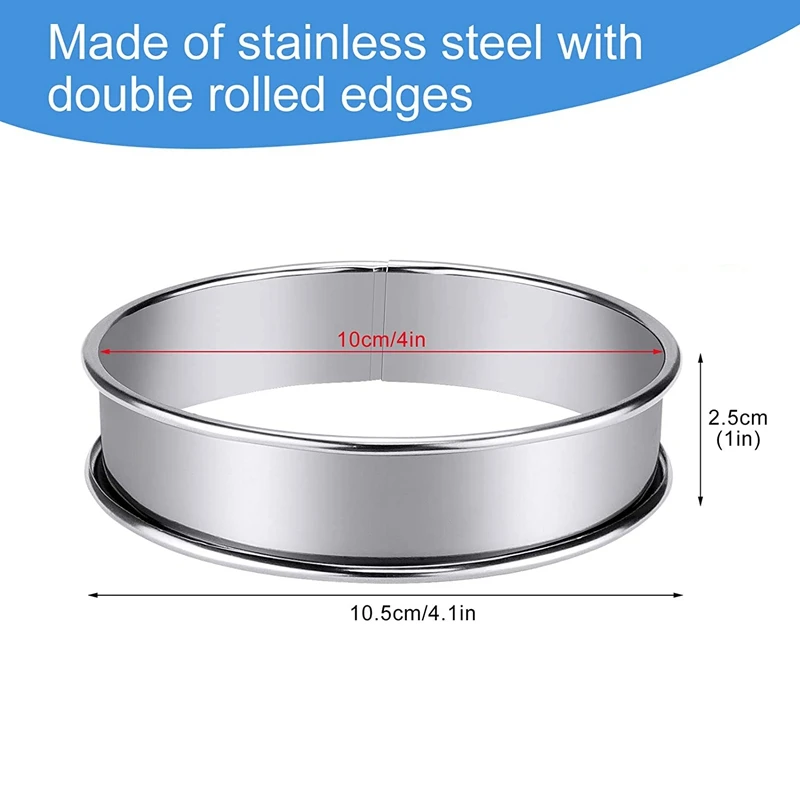 4 Inch Muffin Rings Crumpet Rings, Set of 10 Stainless Steel Muffin Rings Molds Double Rolled Tart Rings Round Tart Ring