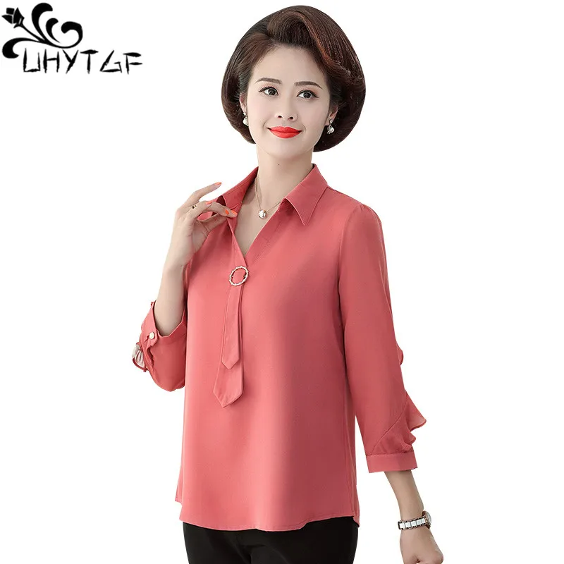 UHYTGF Womens Tops And Blouses Fashion Chiffon Thin Shirt Solid Color Pullover Summer Blouses Female Short 5XL Big Size Tops 874