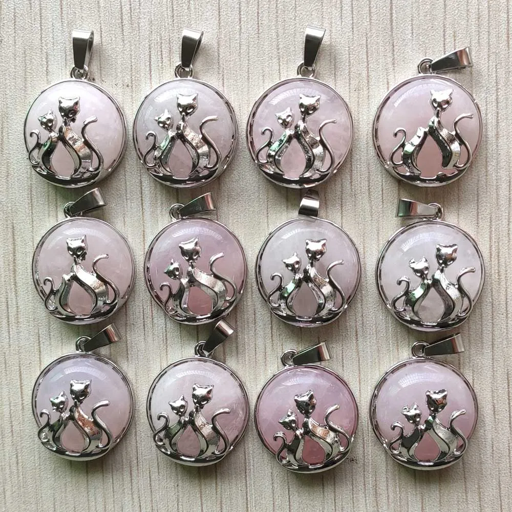 

Wholesale 12pcs/lot new fashion natural pink quartz stone fox alloy round pendants for jewelry accessories marking free shipping