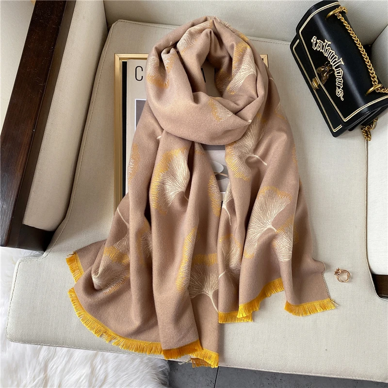 New Ginkgo Print Cashmere Blend Scarves Shawls Ladies Thick Large Size Pashmina Tassel Mujer Bufanda Spring Autumn Wraps Hijab