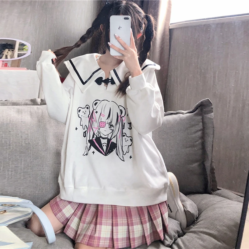 Japanese College Style Navy Collar Long Sleeve Retro Patchwork Buckle Cartoon Print Student Sweater Female Autumn and Winter