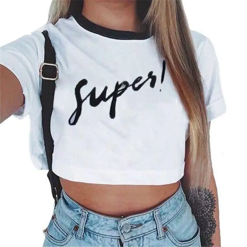 T-shirt estiva da donna nuova stile carino stampato Sexy Navel T-shirt a maniche corte moda Casual Cartoon T Shirt Crop Top T-shirt