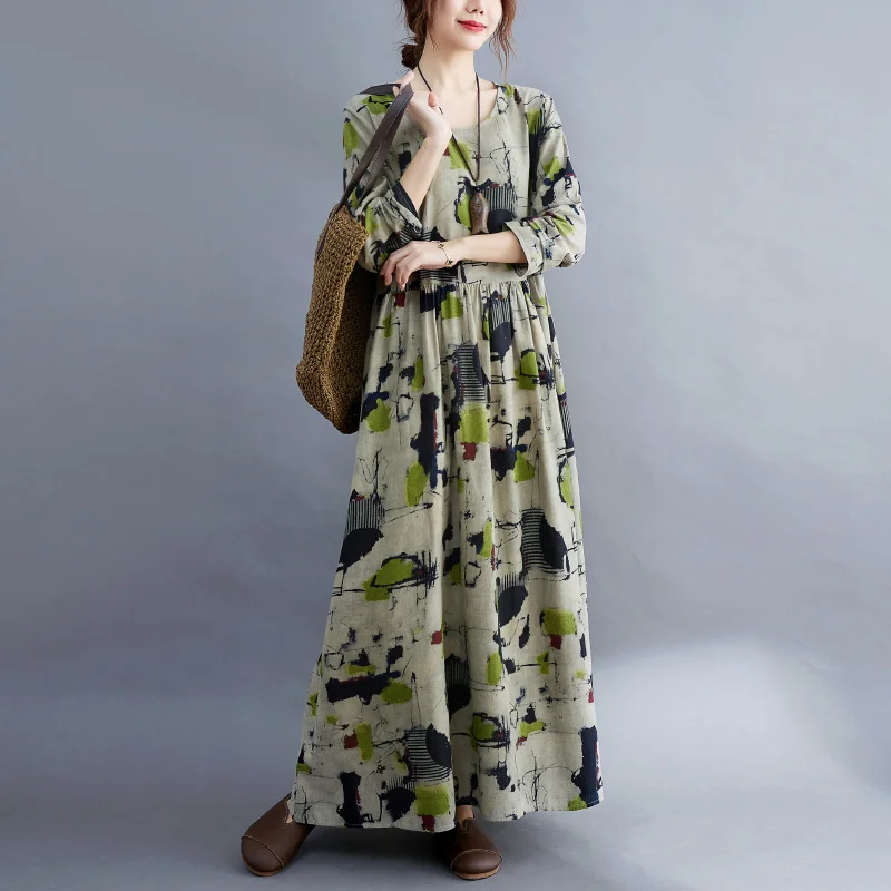 Robe imprimée florale à manches longues pour femmes, col rond, ligne a, Vintage, décontractée, nouvelle collection automne 2021, L38