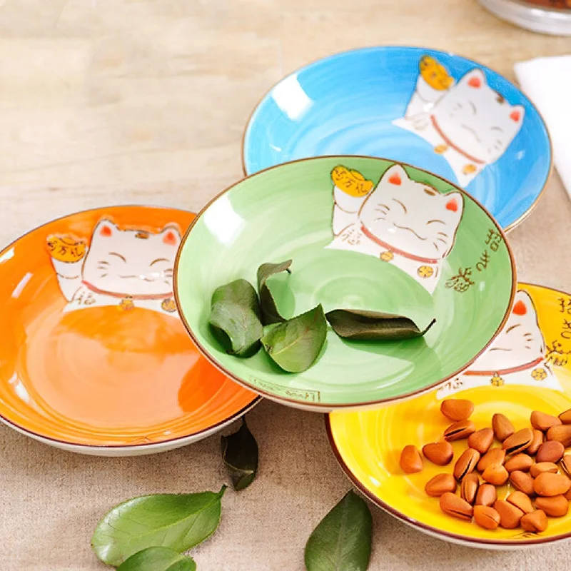 Ceramics Dish Japanese Creative Multi-color Cartoon Lucky Cat Round Ceramic Plate Kitchen Home Handmade Cartoon Dining Plate