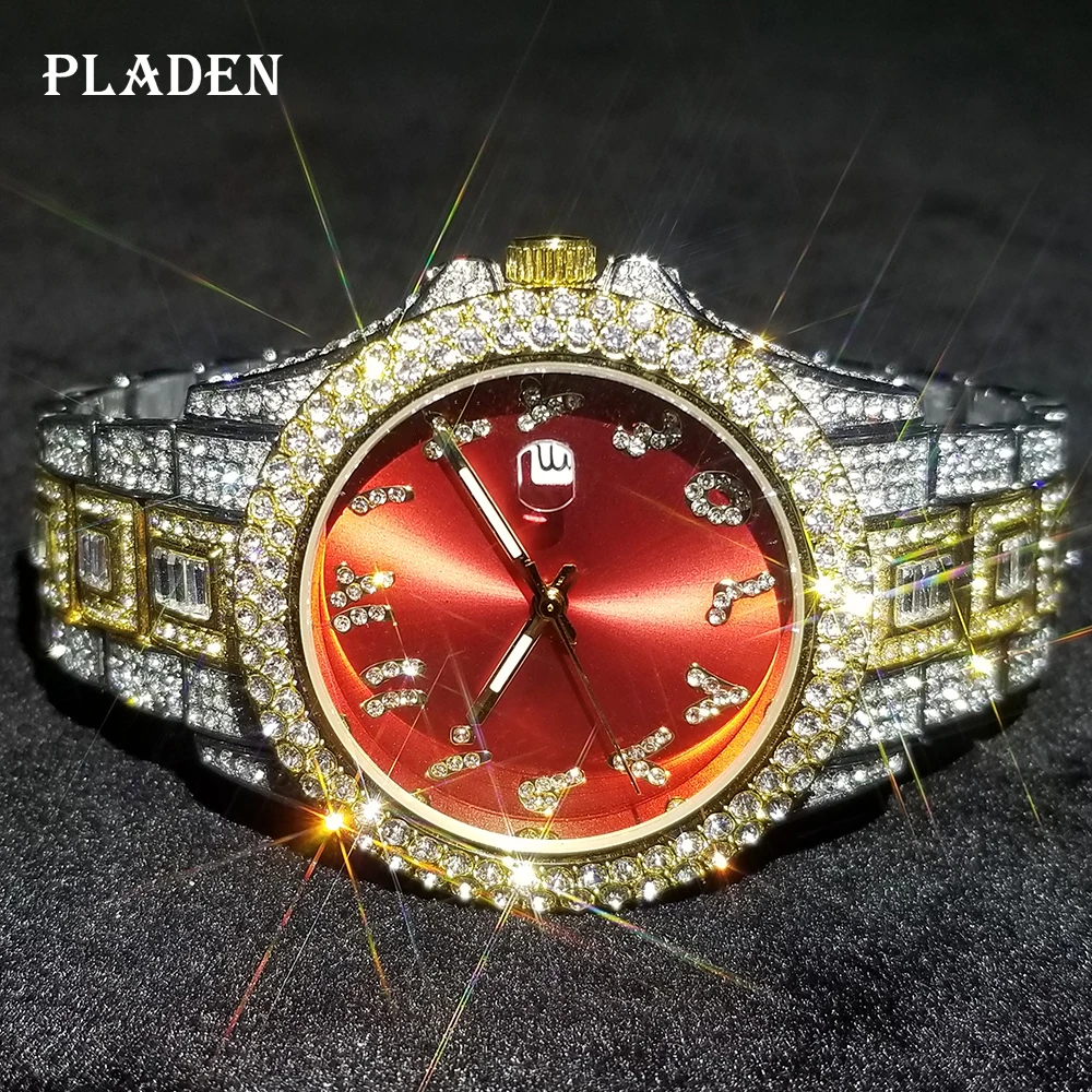 

PLADEN Luxury Full Diamond Men Watches Fashion Iced Out Quartz Wristwatch Gip Hop Streetwear Big Size Women Clock Gift For Lover