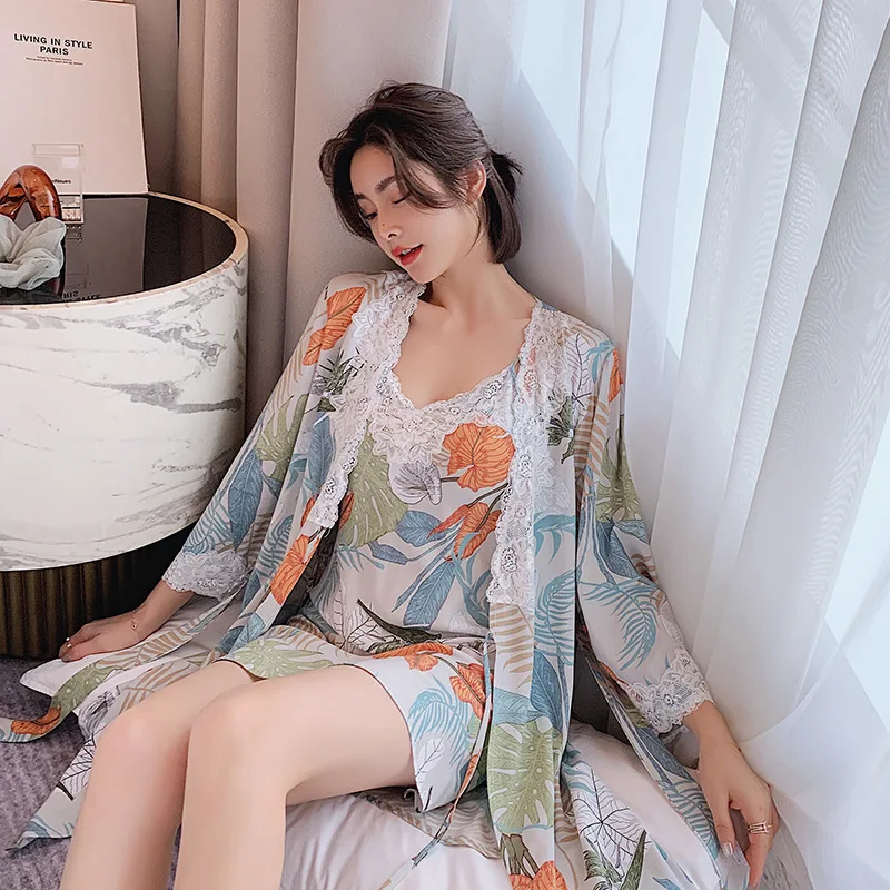 CYNTHRA Robes Sets Ladies Night Gown Autumn Cotton Sexy Print Plus Size 2XL Sling Hawaiian Loose 2 Pieces Female Nightdress Set