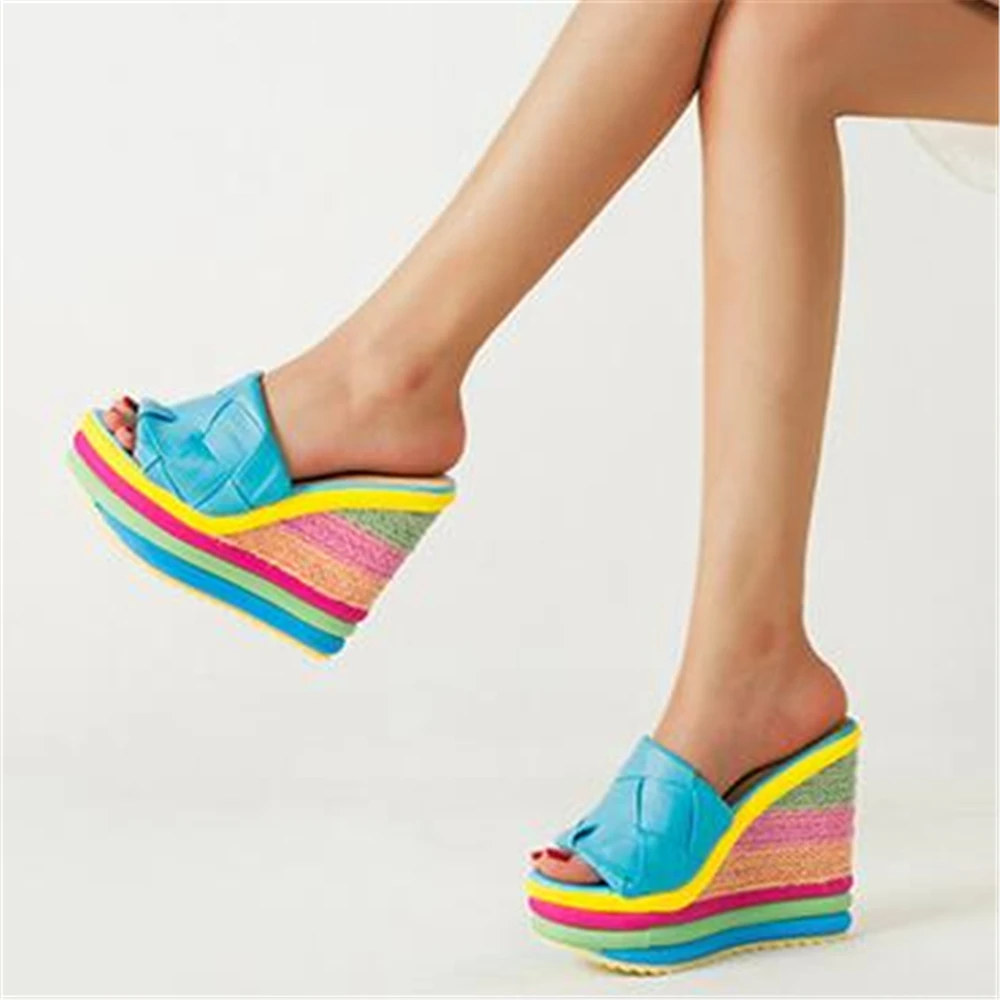 

2021 New Candy Colors Rome Slipper Women Wedges Shoes Platform Open Toe Slides Outdoor Daily Female Mules Plus Size 34-43 Yellow