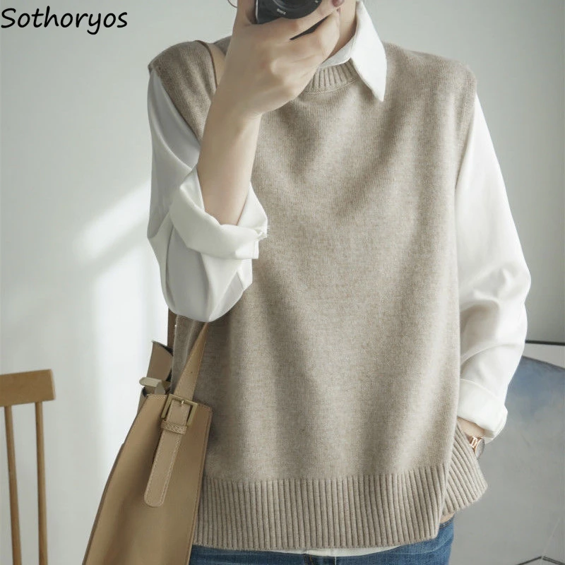 Women Sweater Vests Solid O-neck Side-slit Knitted Fashion Simple All-match Elegant Tender Loose Casual Female Retro Warm Cozy