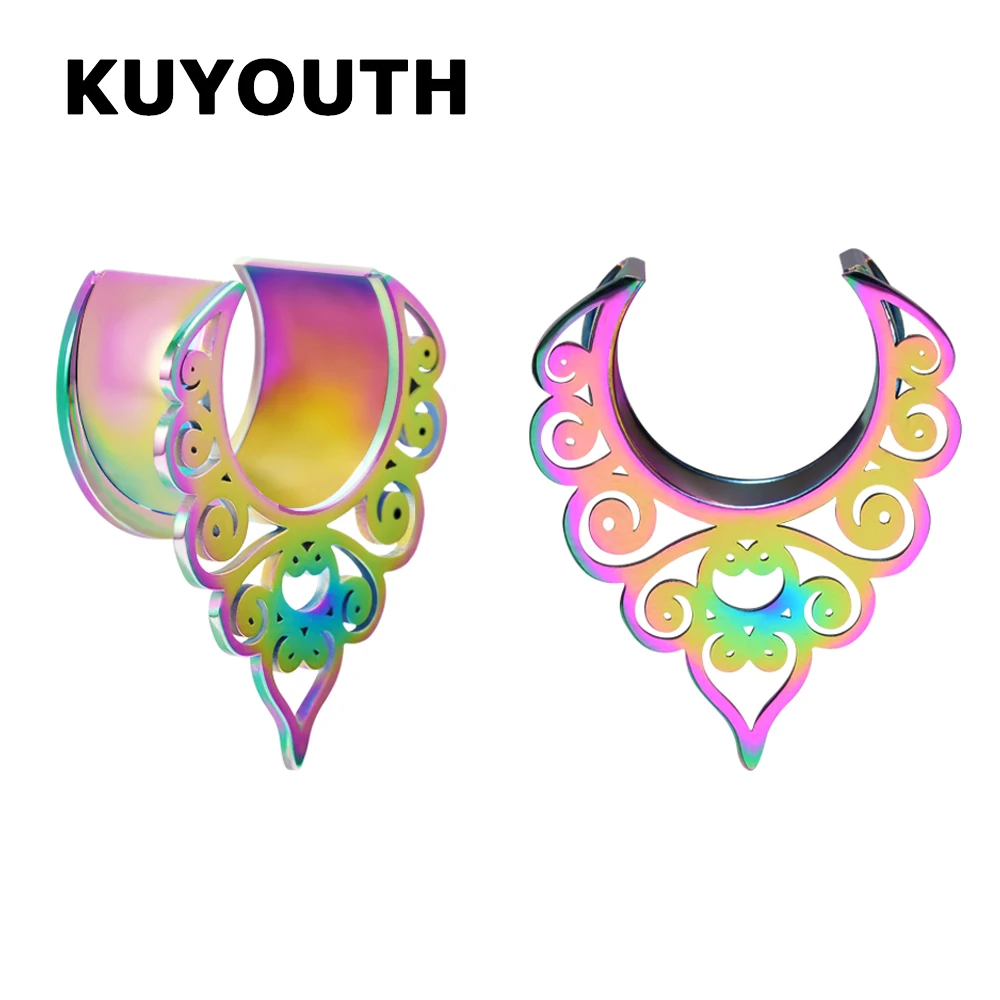 KUYOUTH Fashion Stainless Steel Gap Flower Vine Ear Piercing Tunnels Stretchers Body Jewelry Earring Gauges Expanders 2PCS