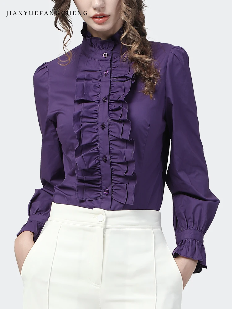 Fashion Women Purple Fleece Lined Long Sleeve Shirt Elegant Ruffles Stand-Up Collar Cotton Blouses Autumn Winter Female Tops