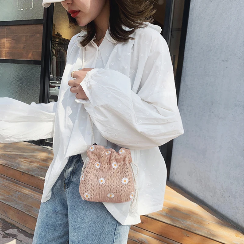 Crossbody Woven Bags Women Lace Floral Pattern String Mini Bucket Shoulder Bag Summer  Purses Girls Sweet All-match Korean