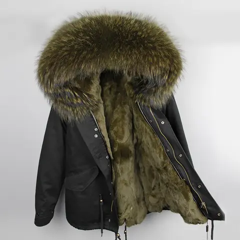 Man Real Fur Coat Real Raccoon Fur Hooded Coat Nature Rabbit Fur Lining Jackets Real Fur Parka Men Winter Jacket