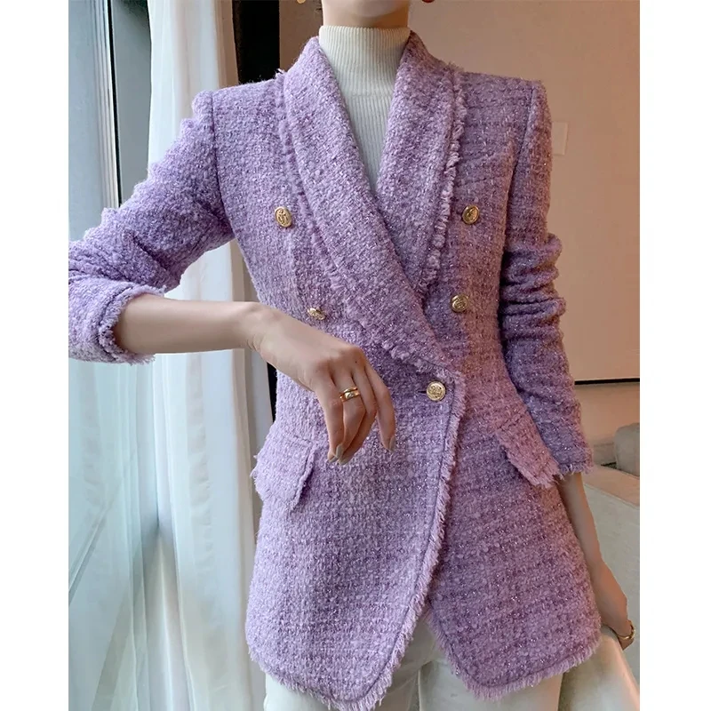 Purple Blazer Women’s Tweed Slim Double Breasted Design Autumn Winter Coat High-End Elegant Korean Fashion Female Wool Jackets