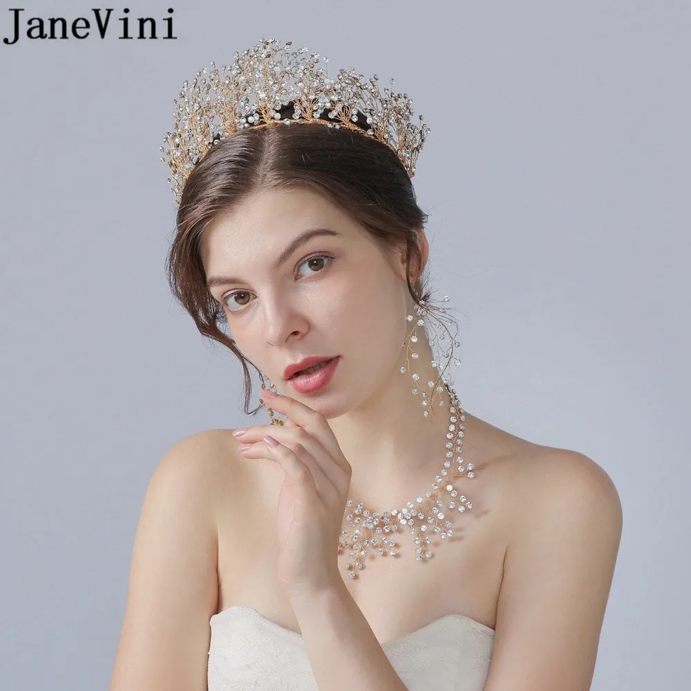 

JaneVini 2021 Sparkling Crystal Wedding Tiaras and Crowns for Brides Luxury Beaded Gold Bridal Headpieces Earrings Set Accessory