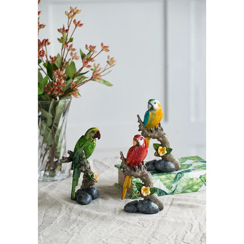 

Powkhome Creative Set Of Three lovingly Macaw Statuette Animal Figures Tropical Birds Sculpture FigurineRoom Home Decor