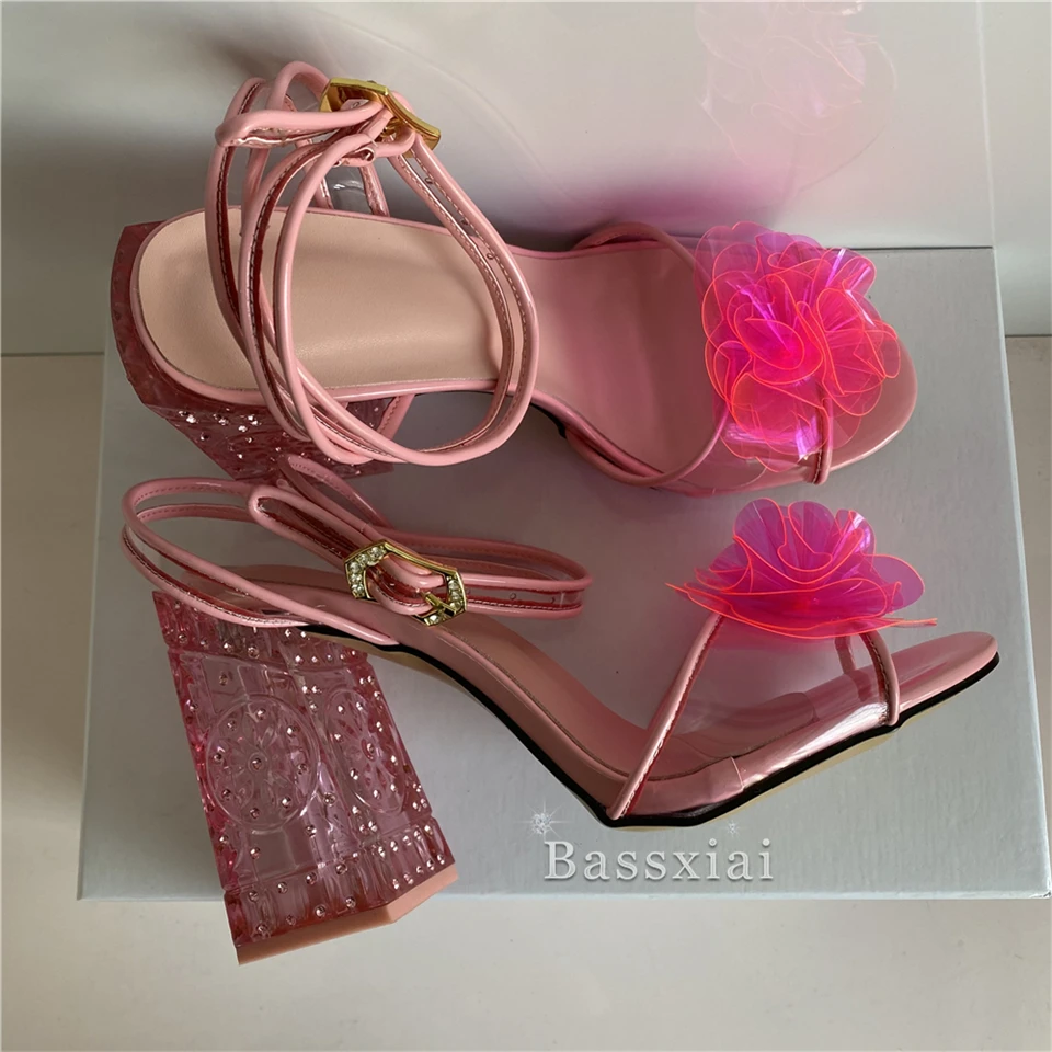 Handmade Jelly Flower Ankle Strappy Sandals Women Jeweled Crystal High Heels Open Toe PVC Candy Color Rhinestone Summer Shoes