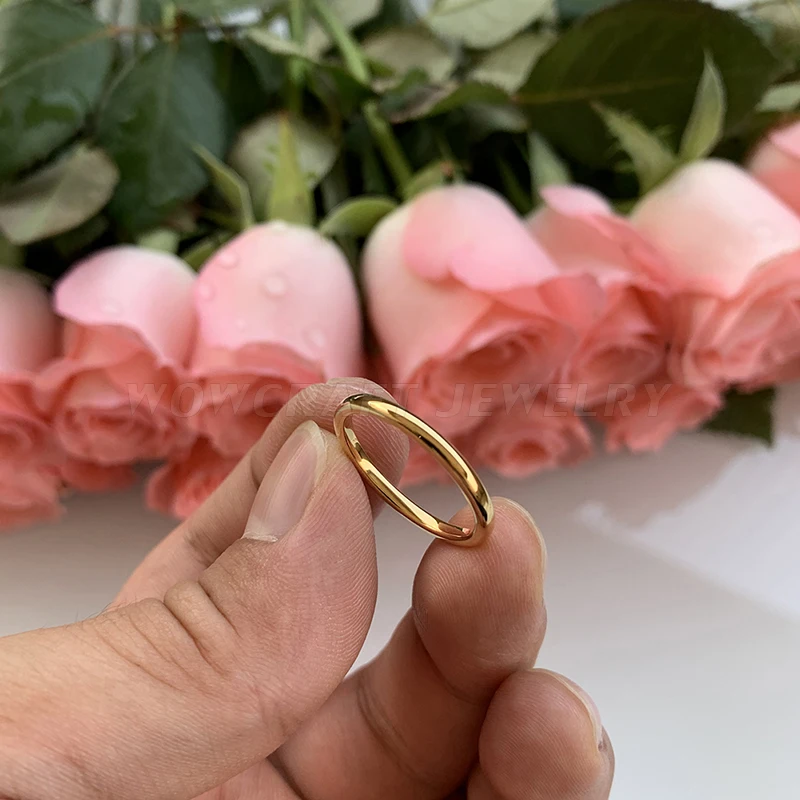 2mm Women Rings Gold Tungsten Carbide Wedding Band Polished Shiny Domed Comfort Fit Inside Engraving Free